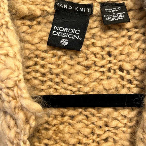 100% Wool Tan Hand Knit Hoodie Cardigan Large - Picture 2 of 6